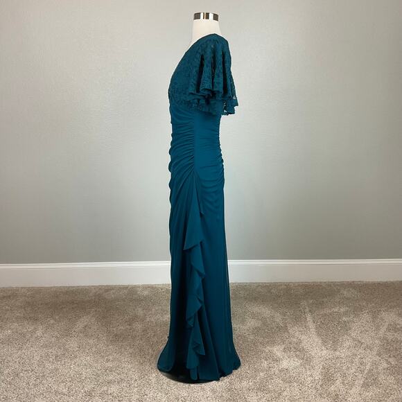 Betsy & Adam Lace and Chiffon Evening Gown Green Size 4 Short Flutter Sleeves - Picture 5 of 13